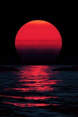 Wall Mural - abstract noir-style giant red sun reflecting over rippling dark ocean waves under a dramatic black a
