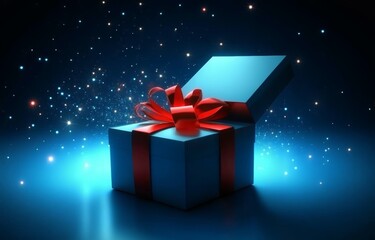 Aufkleber - Blue Gift Box with Red Ribbon Opened Revealing Glowing Light on Blue Gradient Background
