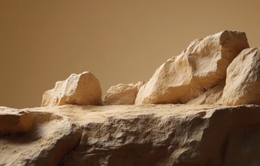 Poster - Textured Sandstone Rock Podium Display on Brown Background for Beauty Product Promotion