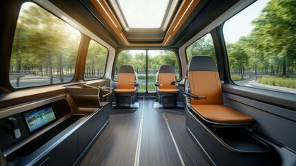 Poster - Interior of a futuristic electric transport vehicle showcasing comfortable seating, ample legroom, and large windows for natural light.