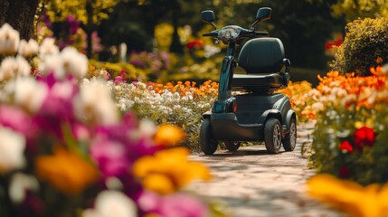 Aufkleber - An electric transport scooter is parked along a stone pathway in a vibrant garden bursting with colorful flowers.
