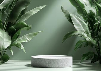 Poster - Minimalist Stone Podium with Tropical Leaves for Natural Beauty Product Display