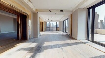 Aufkleber - This spacious interior features large windows overlooking the city skyline. The area is currently undergoing renovations, with unfinished flooring and walls waiting for final touches.