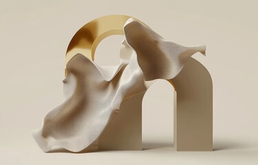 Poster - Surreal Abstract Figure with Flowing Fabric on Minimal Beige Background for Nature Product Display