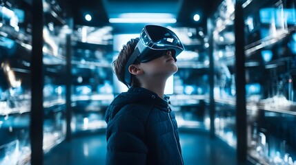 Poster - A boy wearing virtual reality goggles in a tech museum, experiencing an immersive journey through space, surrounded by futuristic displays. 4k resolution, Cinematic Scene