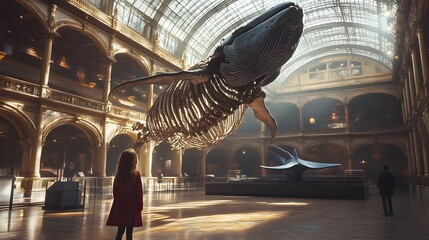 Poster - A young girl gazing up at a hanging replica of a blue whale skeleton in the atrium of a natural history museum. 4k resolution, Cinematic Scene