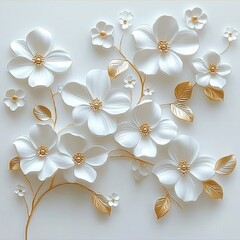 Poster - Elegant white flower branch with golden leaves on white background for luxury home decor and interior design