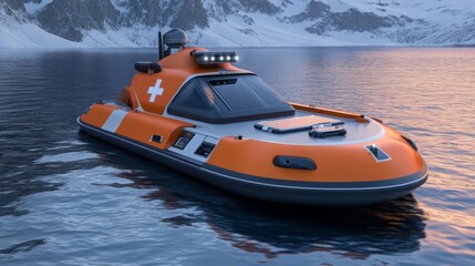 Poster - This futuristic electric hovercraft glides smoothly over tranquil waters surrounded by stunning snow-capped mountains. The orange vessel is designed for eco-friendly transport and rescue missions.