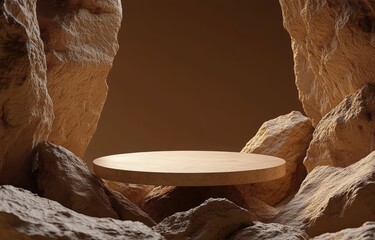 Poster - Beige Stone Pedestal Display for Beauty Products on Brown Background with Textured Rocks