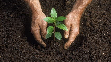 Planting young tree in rich soil, hands nurturing environment. This act symbolizes hope and commitment to greener future