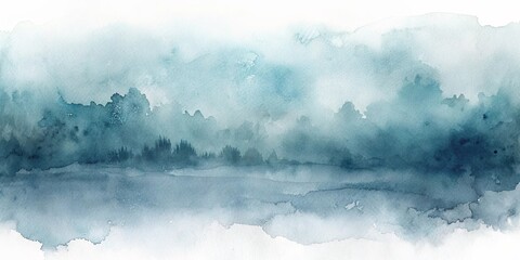 Wall Mural - Serene Watercolor Landscape Misty Blue Hills and Distant Trees in a Dreamlike Setting