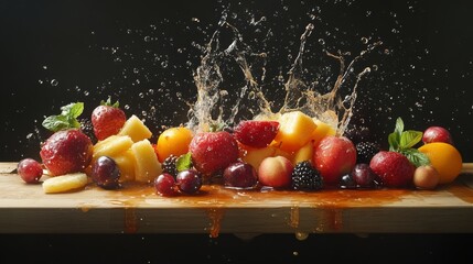 Poster - A vibrant assortment of fresh fruits is being prepared, creating a splash of juice as they hit a wooden surface. The scene captures a lively moment in a kitchen, showcasing colorful ingredients.