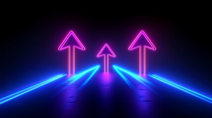 Poster - Neon Arrows Upward, Abstract Geometric Design with Minimalist Elements in Dark Background