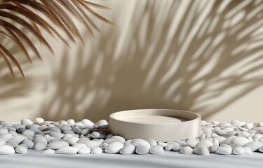 Poster - Beige Ceramic Disk Display on Pebbles with Palm Frond Shadows for Minimalist Beauty Product Mockup