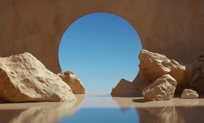 Poster - Surreal Landscape with Beige Rock and Water Reflection Under Clear Blue Sky