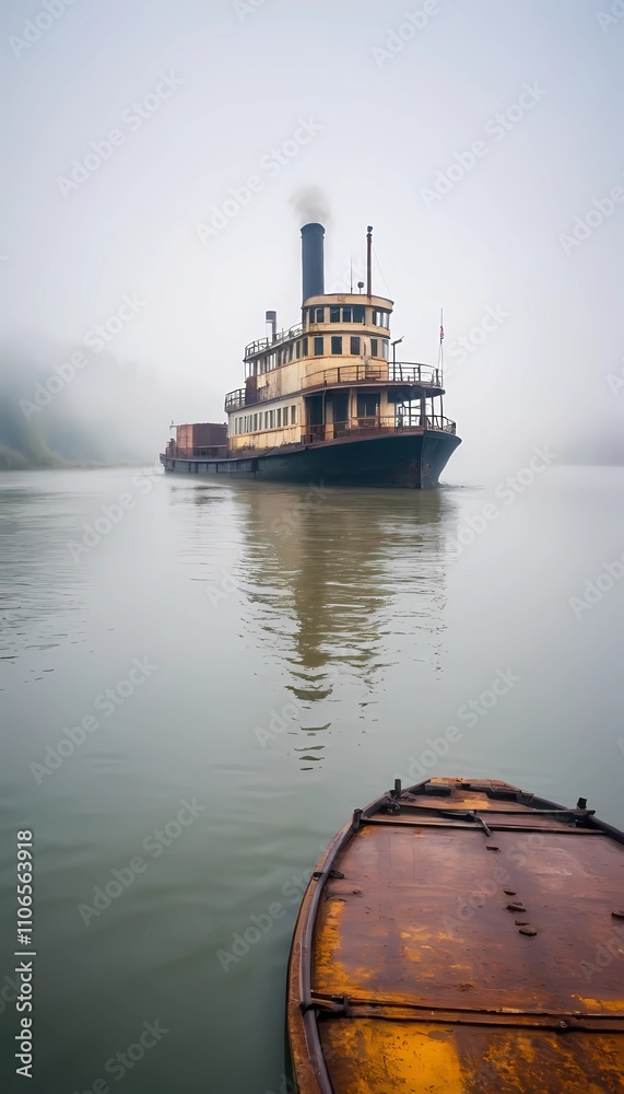 Misty morning on the river featuring a vintage steamboat and a ...