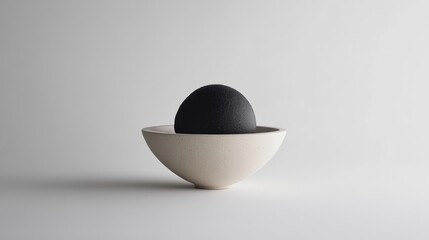 Poster - Elegant Black Sphere in Simple White Bowl on Minimalist Background