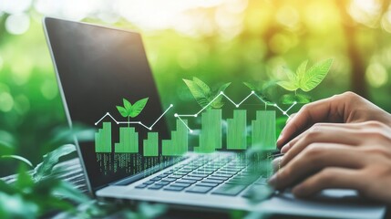 Poster - Hand on Laptop with Green Graphs and Leaves in Nature Setting