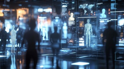 Aufkleber - In a futuristic virtual environment, professionals analyze real estate data represented through holographic projections.