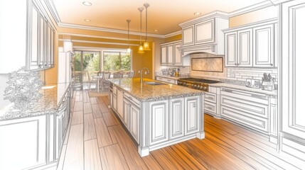Leinwandbilder - A contemporary kitchen showcases an intricate blueprint overlay revealing a blend of design and technology. This space features elegant cabinetry, stylish countertops, and ample lighting.