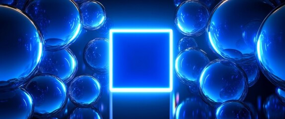 Poster - Neon Blue Square with Translucent Spheres in a Futuristic Abstract Background