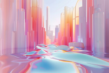 Abstract futuristic Minimalist modern urban high rise building with river under blue sky. Surreal architecture in pink city.