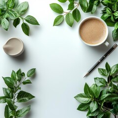 photostock of White desk office table with laptop, coffee and pen. Top view with copy space, flat lay. , isolated on white background