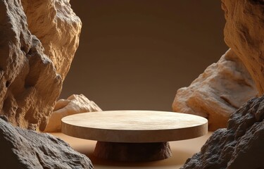 Poster - Beige Stone Pedestal Display for Cosmetic Products with Brown Background in Natural Landscape