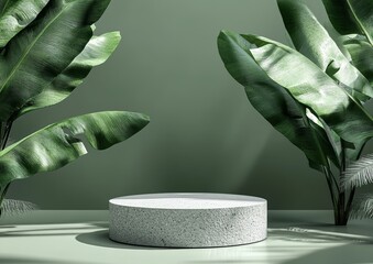 Poster - Minimalist 3D Stone Pedestal Display with Tropical Leaves and Soft Green Background for Beauty Product Promotion