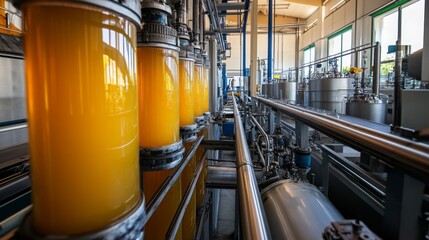 Aufkleber - A juice production facility is bustling with activity as bright orange juice flows through transparent containers. The scene features sophisticated equipment and a clean, efficient environment.