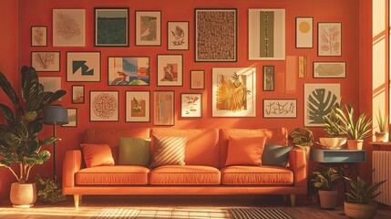 Wall Mural - Orange Living Room Decorated With Artwork And Plants