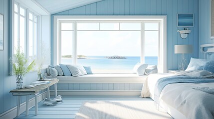 Sticker - Serene Coastal Bedroom With Ocean View Window Seat