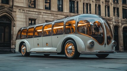 Poster - An electric transport vehicle stands prominently on a city street, featuring a sleek, modern design with large windows and a shiny exterior.