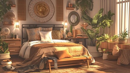 Wall Mural - Serene Bohemian Bedroom With Natural Light and Plants