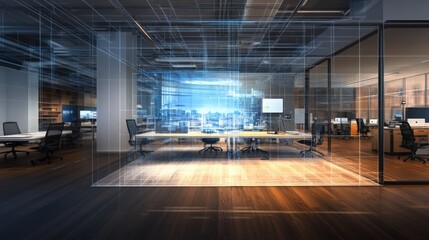 Poster - Modern office space designed with AI technology in mind, featuring open floor plans, collaborative areas, and large windows for natural light. This environment fosters productivity and innovation.
