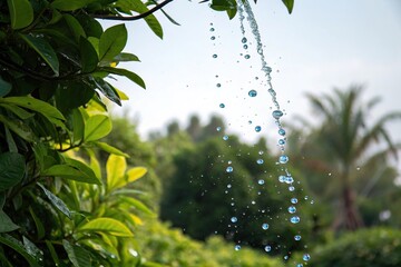 Wall Mural - Tiny blue water drops suspended in mid-air amidst lush green foliage, forest, tranquil, blue water drops, dew drops