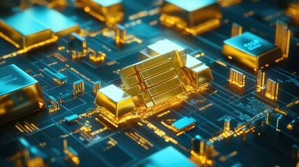 Aufkleber - A 3D representation of the gold trade market, with stock analysis charts, profit graphs, and global economic data showing upward trends in finance.