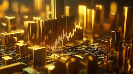 Aufkleber - A 3D representation of the gold trade market, with stock analysis charts, profit graphs, and global economic data showing upward trends in finance.