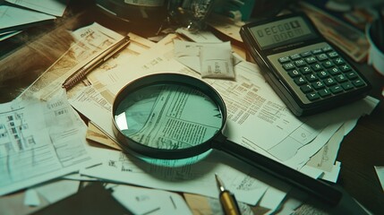 Poster - A close-up of a magnifying glass on a cluttered desk with financial papers, a calculator, and pens, drawing attention to one suspicious transaction in the pile