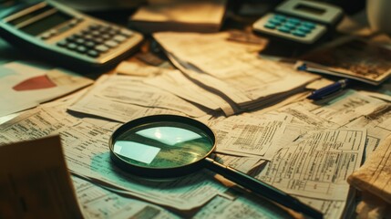 Poster - A close-up of a magnifying glass on a cluttered desk with financial papers, a calculator, and pens, drawing attention to one suspicious transaction in the pile