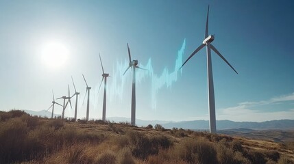 Poster - A composite of wind turbines and a rising financial graph, highlighting the growth of clean energy investments. Copy space for text and dynamic visuals.