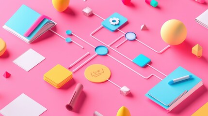 Poster - A creative process flowchart in flat design, showing design thinking steps in a 3D-rendered vibrant scheme, ideal for brainstorming and ideation.