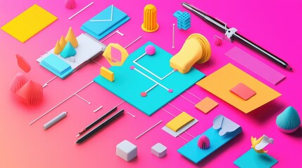 Poster - A creative process flowchart in flat design, showing design thinking steps in a 3D-rendered vibrant scheme, ideal for brainstorming and ideation.