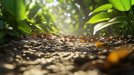 Poster - A detailed close-up of ants hauling leaves along a jungle trail, demonstrating their incredible strength and industrious behavior in the wild.