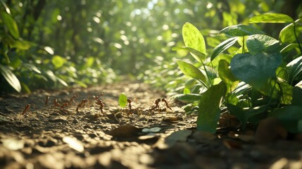 Poster - A detailed close-up of ants hauling leaves along a jungle trail, demonstrating their incredible strength and industrious behavior in the wild.