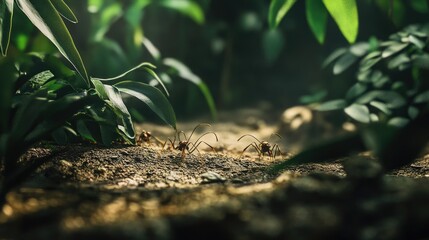 Poster - A detailed close-up of ants hauling leaves along a jungle trail, demonstrating their incredible strength and industrious behavior in the wild.