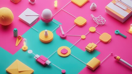 Poster - A creative process flowchart in flat design, showing design thinking steps in a 3D-rendered vibrant scheme, ideal for brainstorming and ideation.