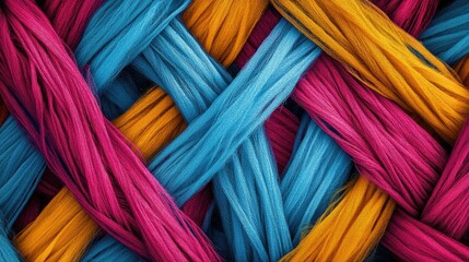 Poster - A detailed microscopic view of interwoven textile fibers, highlighting their intricate structure and texture in vibrant colors, ideal for textile or material science imagery