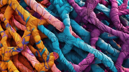 Poster - A detailed microscopic view of interwoven textile fibers, highlighting their intricate structure and texture in vibrant colors, ideal for textile or material science imagery