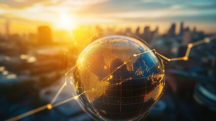 Poster - A digital globe with lines representing economic growth and global financial trends, symbolizing market expansion and worldwide prosperity.